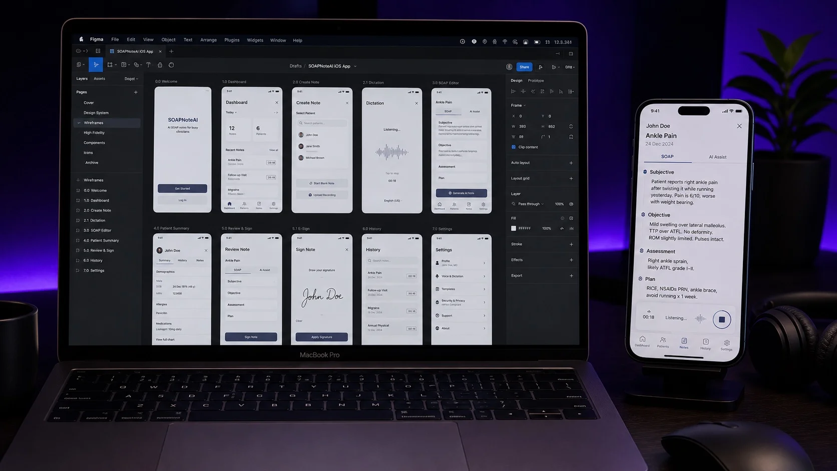 SOAPNoteAI Figma wireframes on MacBook Pro alongside a live iPhone showing the completed iOS app
