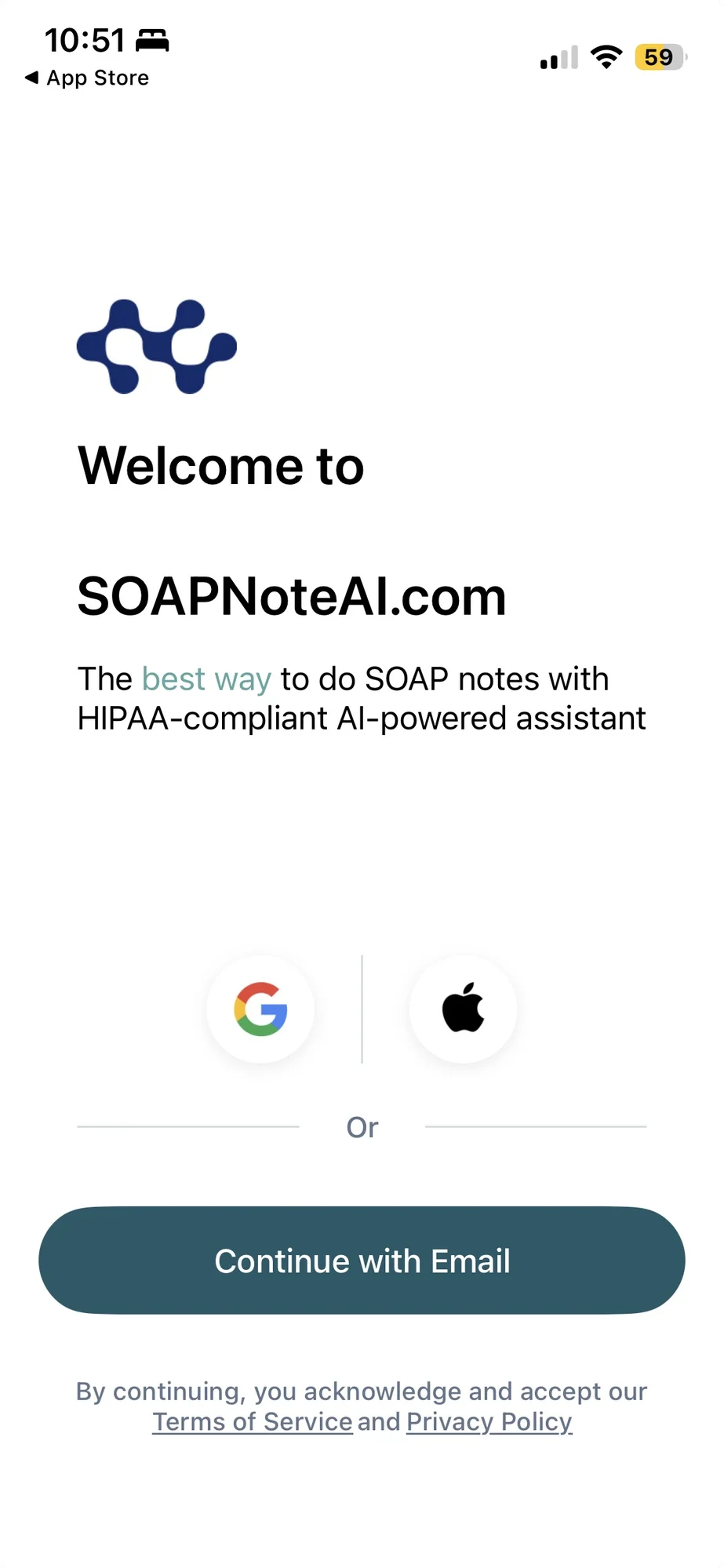 SOAPNoteAI iOS login screen — Welcome to SOAPNoteAI.com with Google, Apple, and email sign-in