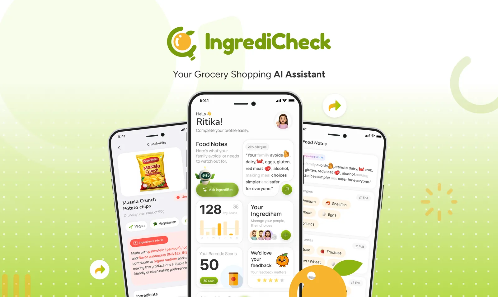 IngrediCheck: your grocery shopping AI assistant, shown on three phones