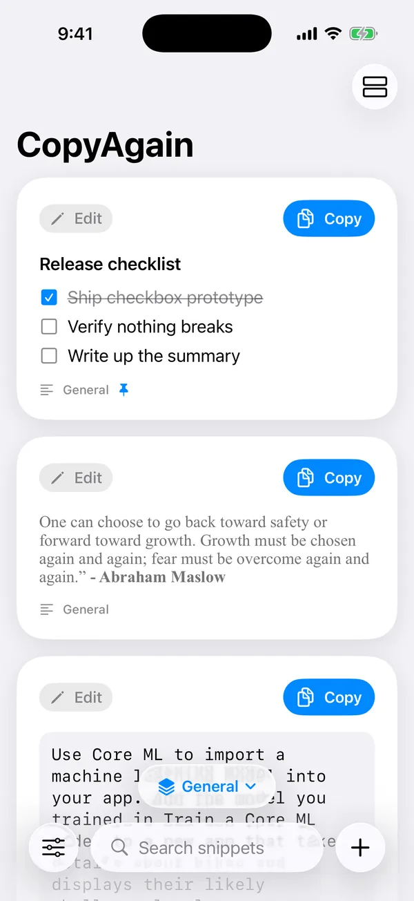CopyAgain app screen