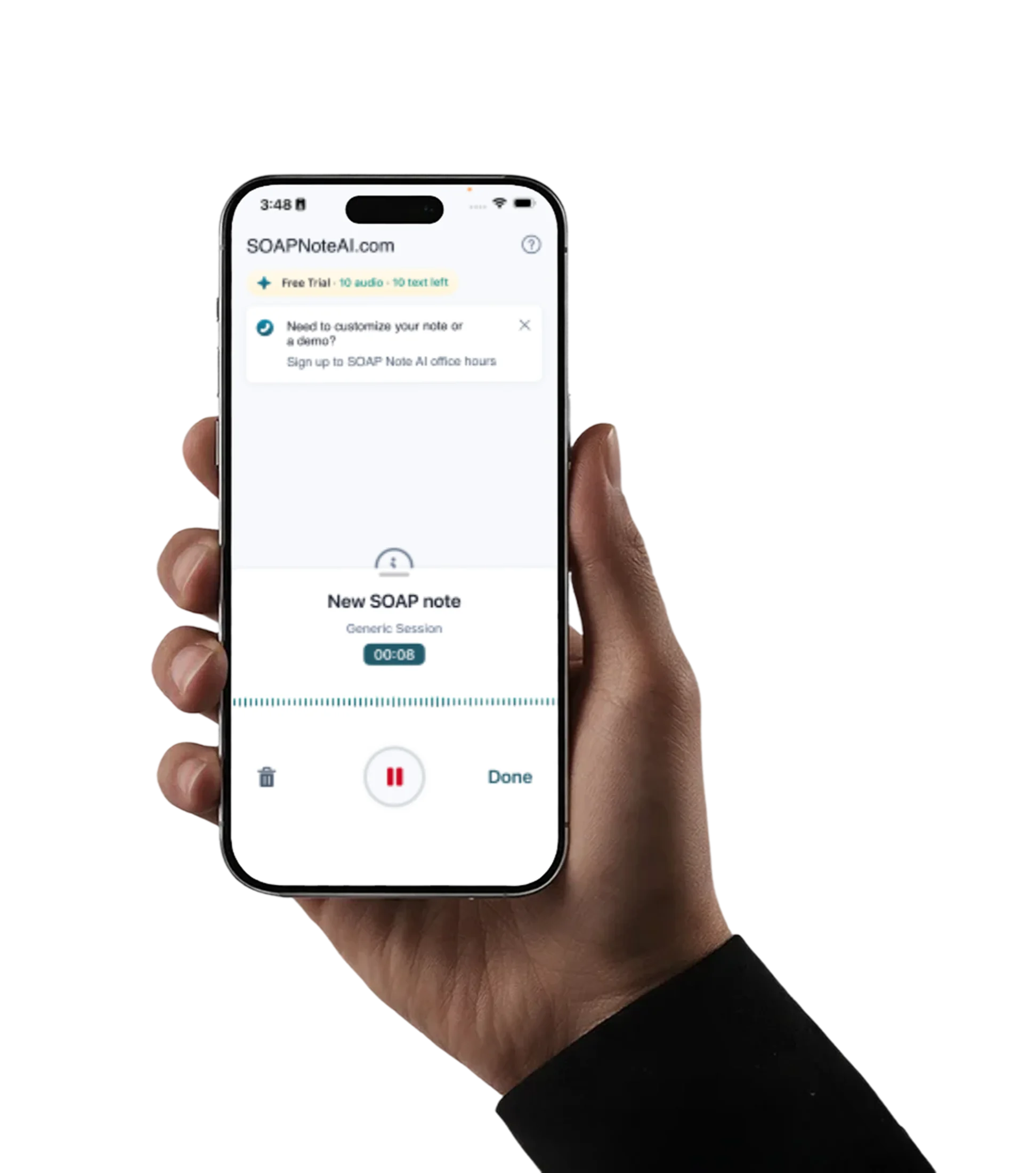 Soap Note AI app running on iPhone, held in hand