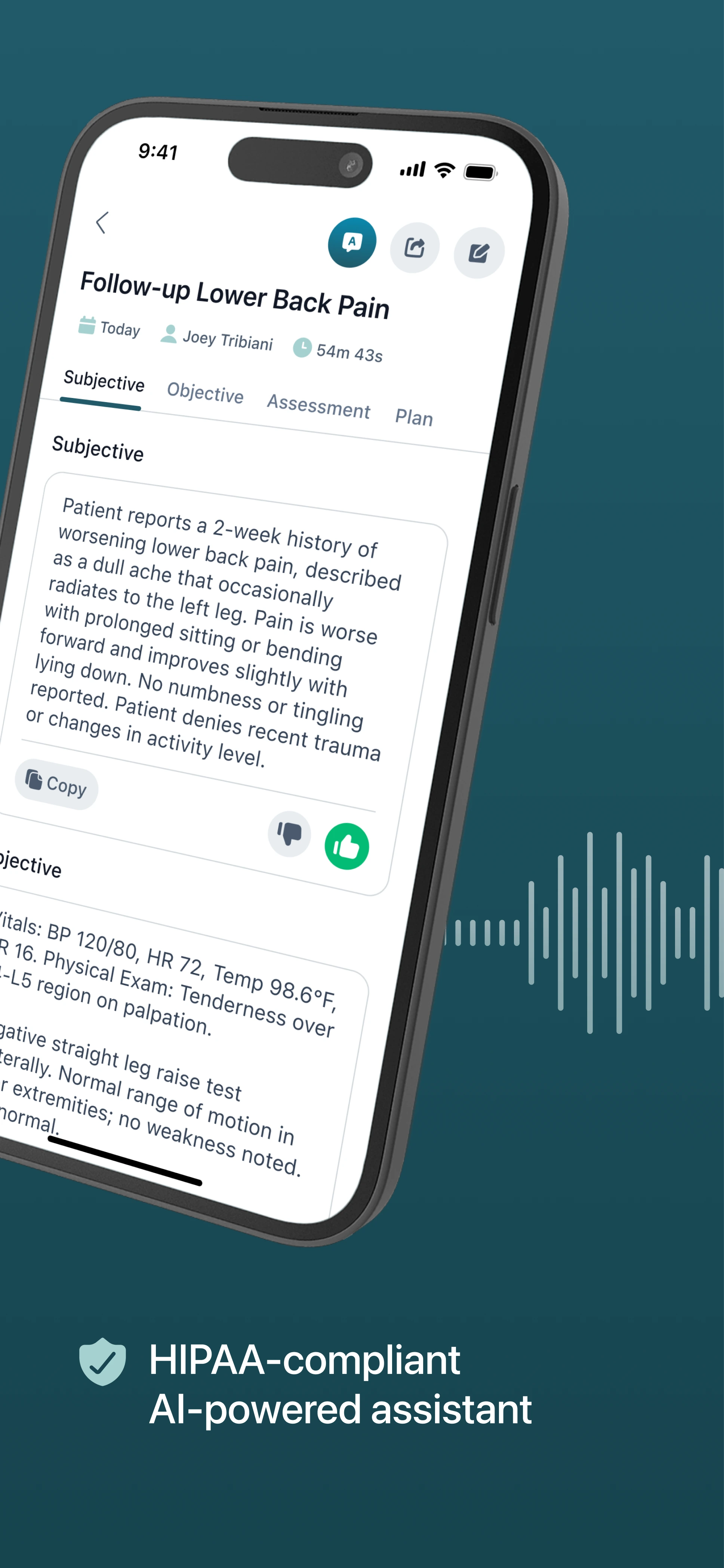 SOAPNoteAI iOS SOAP note — structured clinical sections with HIPAA-compliant AI