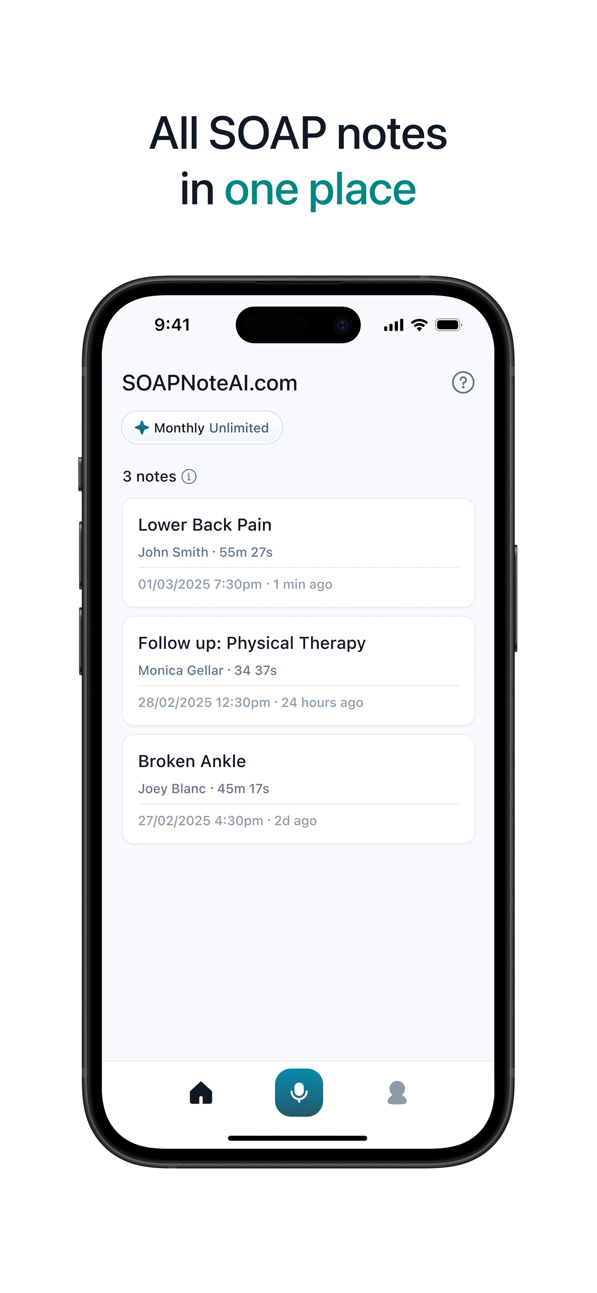 SOAPNoteAI iOS notes list — all sessions in one place with subscription status